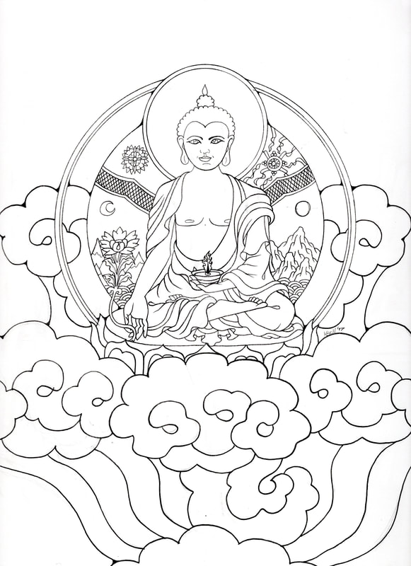 Line drawing of a seated Medicine Buddha