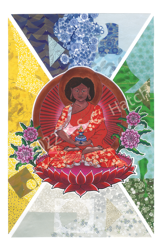 Amitabha - Padma Family, as a Black woman in red robes, surrounded by peonies. This mixed media piece incorporates pencil crayon, paper art, marker, and art pens. 