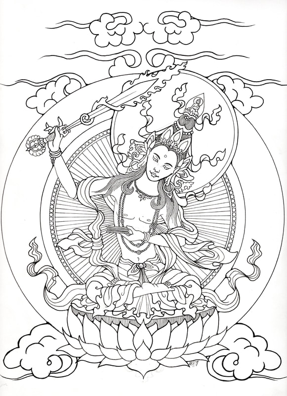 Line drawing of the Bodhisattva Manjushri