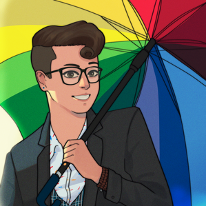 A digital illustration portrait of Kait, a genderqueer white person with brown hair and glasses, wearing a grey suit jacket, paisley plaid waistcoat, and white shirt with little multi-coloured feathers on it. Xy is holding an umbrella, which creates a rainbow background to the image. 