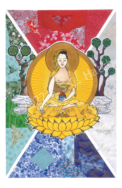 Ratnasambhava - Ratna family Buddha as a gender ambiguous person in yellow robes with trees growing on either side of them. This mixed media piece incorporates pencil crayon, paper art, marker, and art pens. 