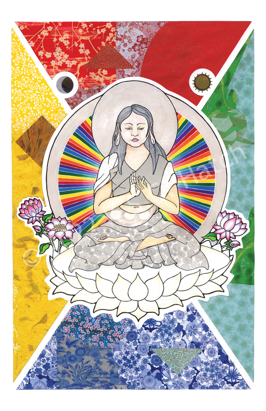 Vairochana - Buddha Family, as a Korean woman in white robes with a rainbow radiating out from behind her. This mixed media piece incorporates pencil crayon, paper art, marker, and art pens. 